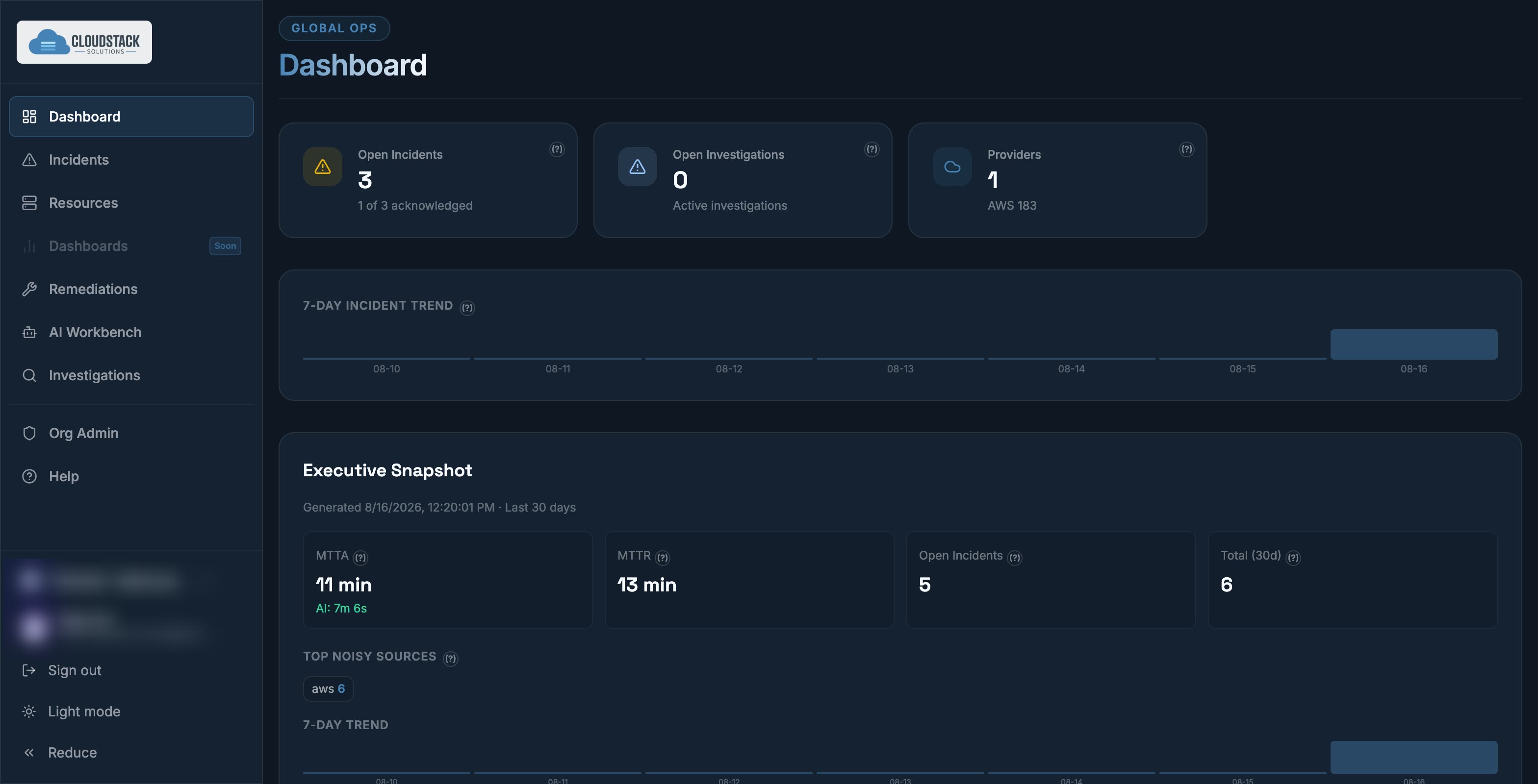 Razor dashboard showing open incidents, active investigations, and a connected AWS provider minutes after setup.