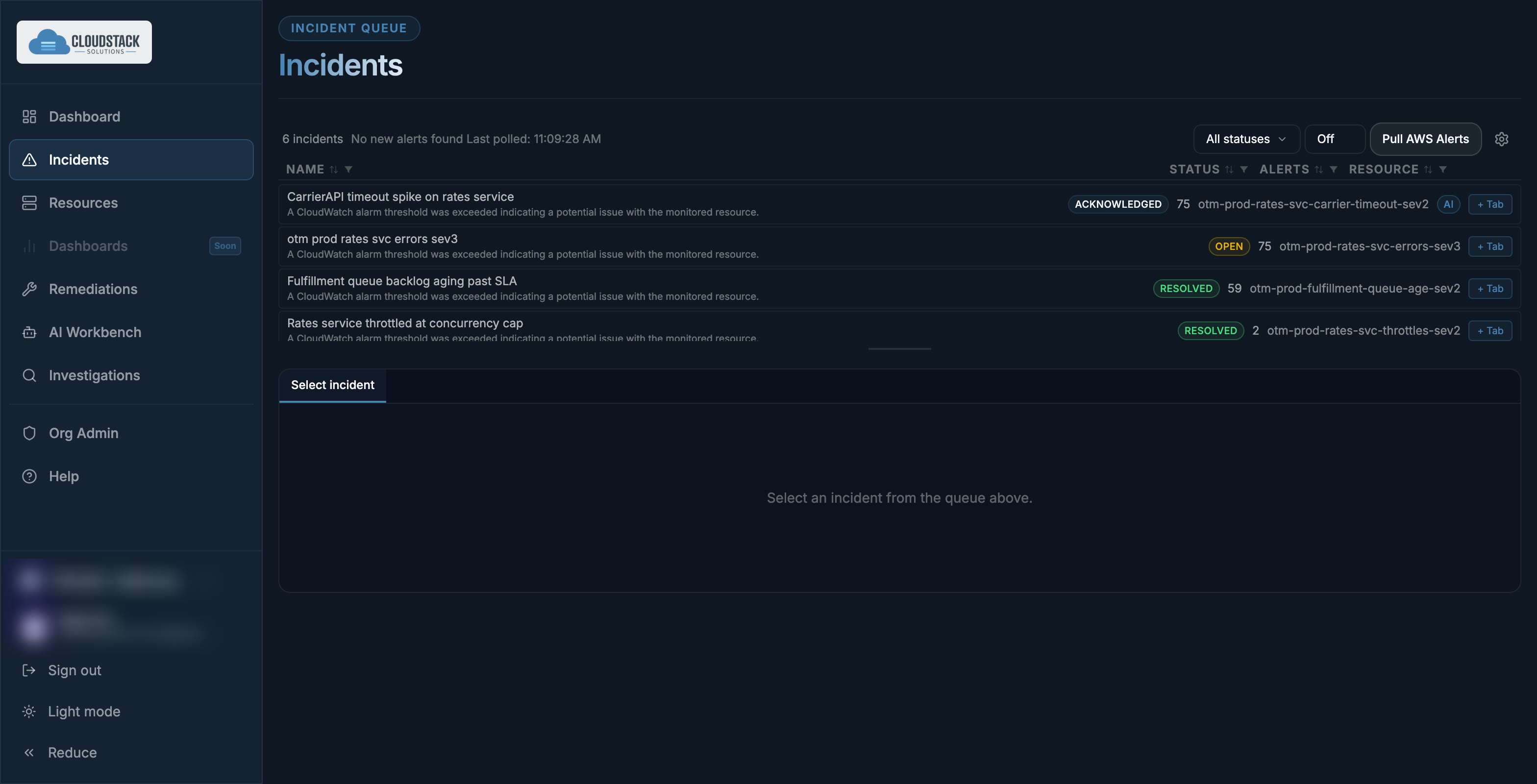 Razor incident queue showing open incidents with alert counts, statuses and the underlying CloudWatch alarm detail.