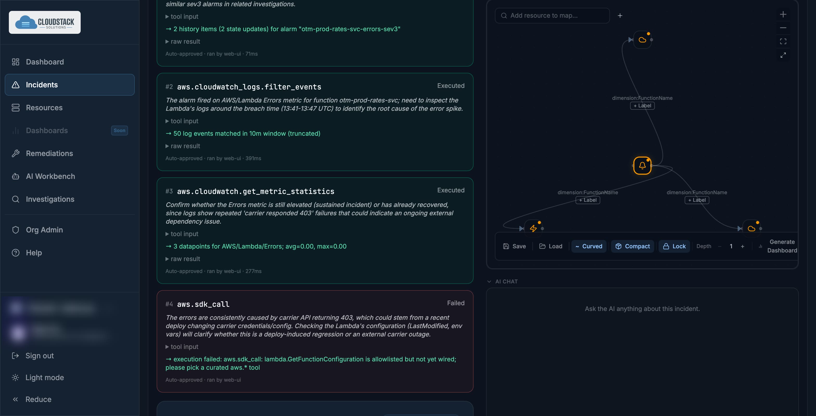 An incident workspace open in its own tab: investigation, timeline, and resource map held together.