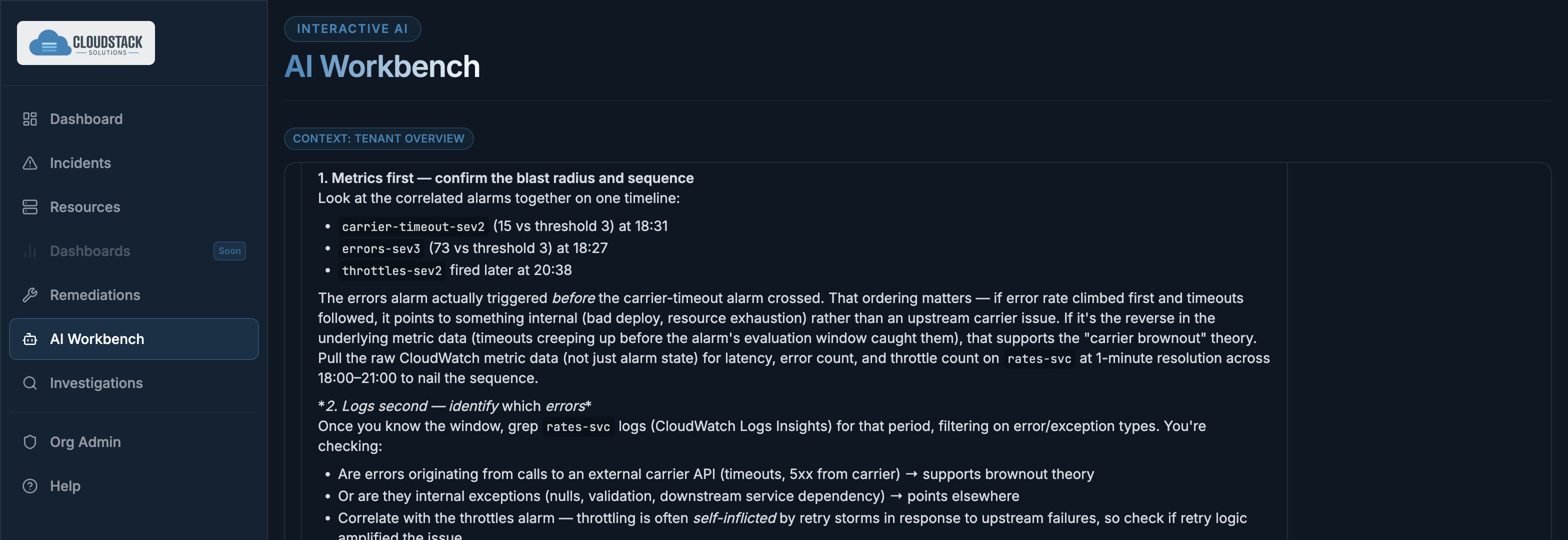 AI Workbench correlating three alarms by their firing order and recommending an investigation sequence.