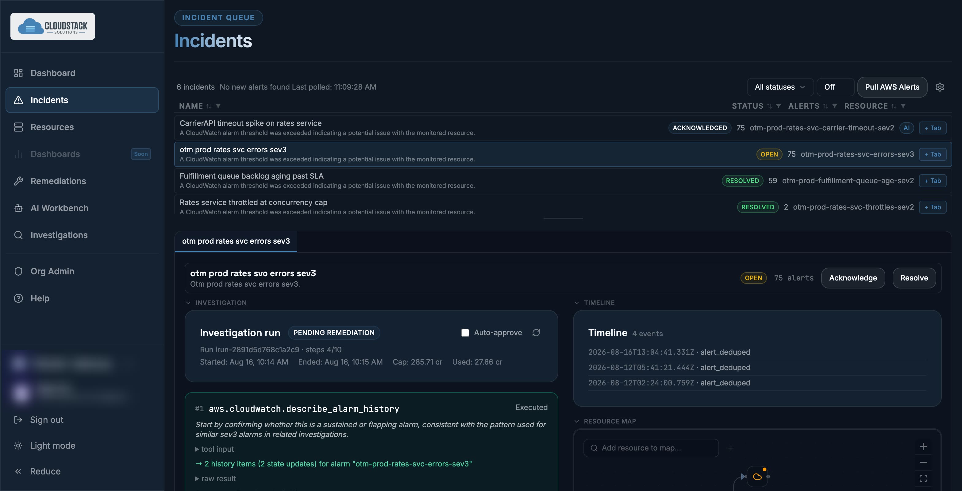 An investigation run showing sequential CloudWatch API calls, each with reasoning, followed by findings and a remediation proposal.