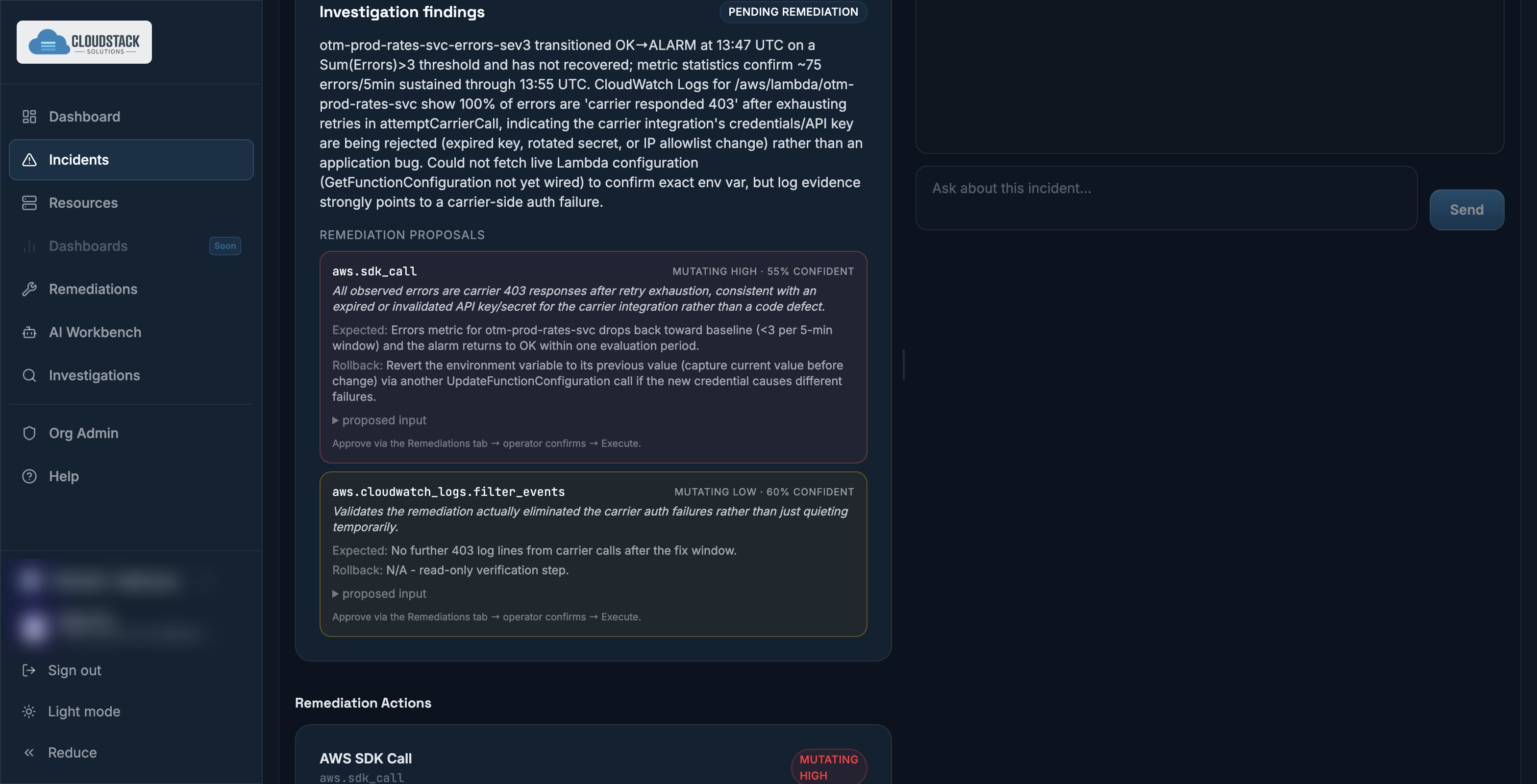 A remediation recommendation to raise a Lambda timeout, with reasoning, 85% confidence, low risk classification, rollback instructions and approve or reject actions.