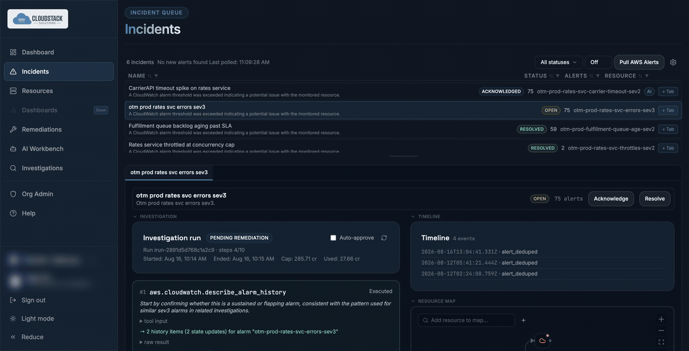 Animated investigation run: real AWS tool calls executing in sequence, with the AI adapting when one fails.