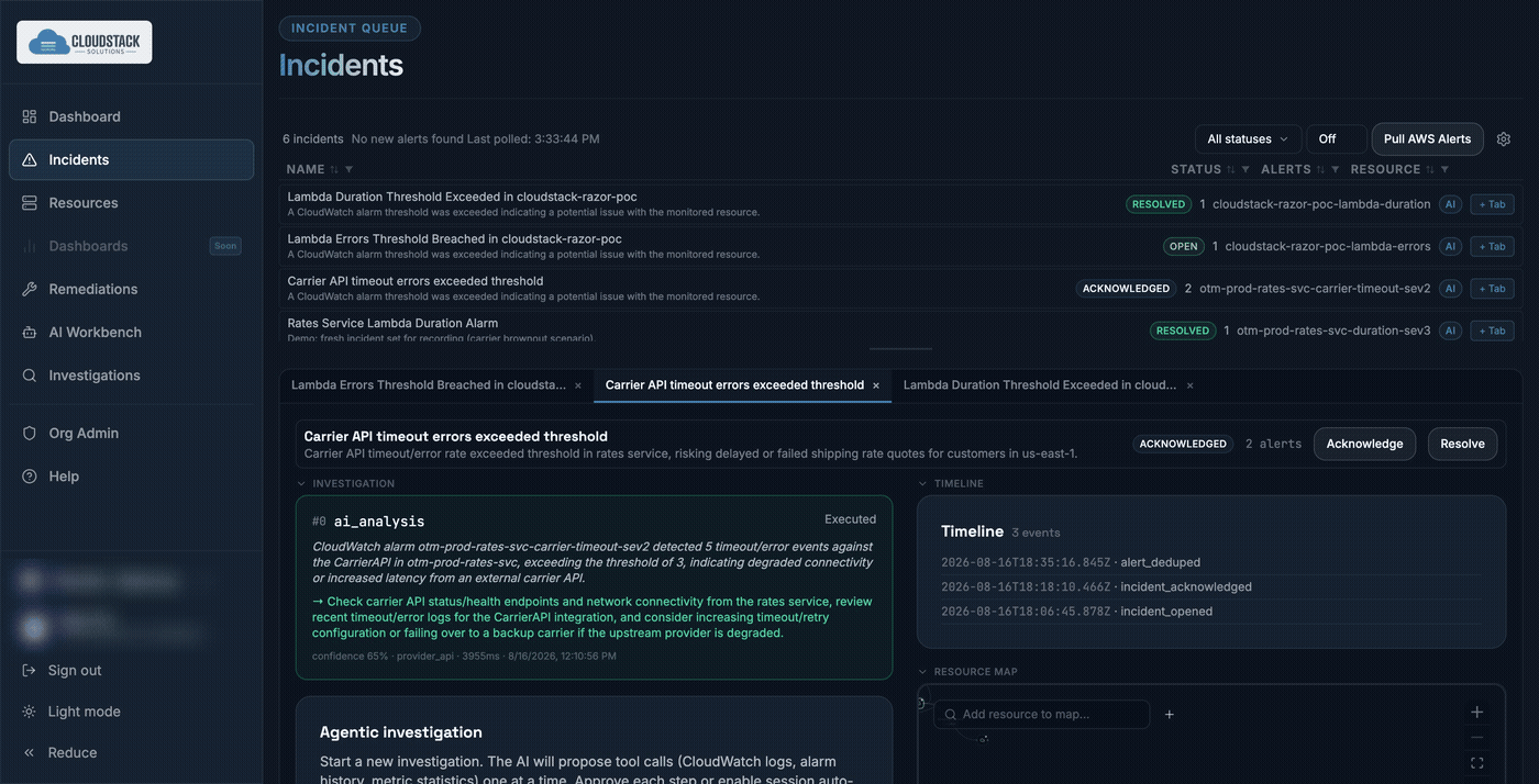 Animated: three incident workspaces open in tabs, each holding its own investigation state.